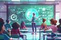 Teacher teach student exploring holographic simulation of planet representing technology