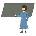 Cartoon style female teacher pointing at the blackboard with a pointer, teaching a lesson at school Royalty Free Stock Photo