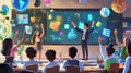 Teacher Teaches Math Class With Students and Chalkboard Full Of Equations, Diagrams Royalty Free Stock Photo