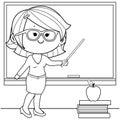 Teacher teaching in the classroom. Vector black and white coloring page.