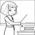 Teacher teaching in the classroom. Vector black and white coloring page.
