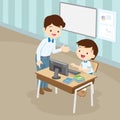 Teacher teaching computer to student boy