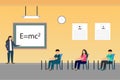 Teacher teaching physics in his classroom with students flat character vector. Female teacher with blackboard and classroom