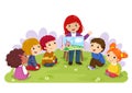 Teacher telling a story to nursery children in the garden Royalty Free Stock Photo