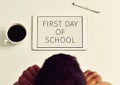 Teacher and text first day of school in a tablet Royalty Free Stock Photo