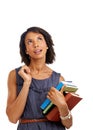 Teacher thinking, woman with books for reading and teaching with learning and education against white background