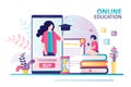 Teacher with university cap on smartphone screen. Concept of online education, studying and e-learning Royalty Free Stock Photo