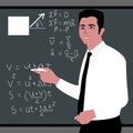 The teacher of university standing in front of a blackboard with formulas giving a lecture about science physics.Flat style vector