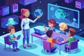 Teacher explaining about earth to students in a classroom with digital devices ai generated Royalty Free Stock Photo