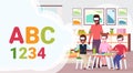 Teacher with wearing digital glasses virtual reality letters and numbers headset vision concept preschool kindergarten