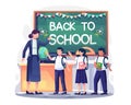 The teacher welcomes students in the class with happiness back to school. Welcome back to school concept design