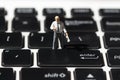 Teacher and white notebook keyboard. Computer keyboard macrophoto. Enter button closeup.