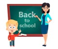 Teacher woman cartoon character and cute schoolboy