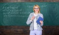Teacher woman explain near chalkboard. What make great teacher. School teacher explain things well and make subject