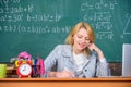 Teacher woman sit table chalkboard background. Excellent communicability and interpersonal skills. Well organized and Royalty Free Stock Photo