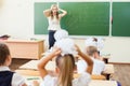 Teacher woman in stress or depression at school classroom Royalty Free Stock Photo