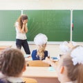 Teacher woman in stress or depression at school classroom Royalty Free Stock Photo