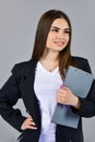 Teacher woman wear black suit hold folder documents, check homework concept