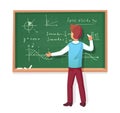 Teacher write on blackboard. School professor teach students, explaining charts formulas graphs on chalkboard vector illustration Royalty Free Stock Photo