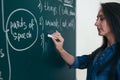 The teacher writes English rules on the blackboard. Learn language