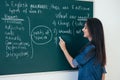 The teacher writes English rules on the blackboard. Learn language