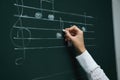 Teacher writing music notes with chalk on greenboard, closeup Royalty Free Stock Photo