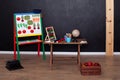 Teachers day concept and back to school. View of the interior of elementary school. Empty school room. Globe, pencils and stand fo