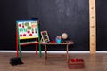 Teachers day concept and back to school. View of the interior of elementary school. Empty school room. Globe, pencils and stand fo