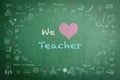 Teachers day concept with we love teacher greeting on green chalkboard with doodle