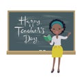 Teachers day greeting card. An afro-american teacher standing at a chalkboard
