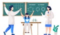 Teachers explain chemistry lesson on the blackboard. The girl happily raising her hands up Royalty Free Stock Photo