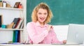 Teachers forum. Online community for teachers. Modern school. Teachers day. Woman work online. Distance teaching Royalty Free Stock Photo