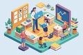 Teachers interact and collaborate in a vibrant classroom setting filled with educational resources, Customizable isometric Royalty Free Stock Photo