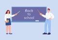 Teachers stand at blackboard, welcome back to school vector characters. Preschool, study and education. Cute female and