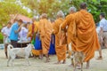 Teachers and students together make merit to give food offerings to a Buddhist monk on important religious days