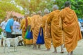 Teachers and students together make merit to give food offerings to a Buddhist monk on important religious days