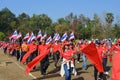 Marching band and students are walking the parade. Royalty Free Stock Photo