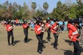 Marching band and students are walking the parade. Royalty Free Stock Photo