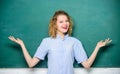 Teaching could be more fun. Woman teacher in front of chalkboard. Teacher explain hard topic. Important information to Royalty Free Stock Photo