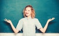 Teaching could be more fun. Woman teacher in front of chalkboard. Teacher explain hard topic. Important information to Royalty Free Stock Photo