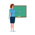 Girl teacher with school pointer in hand, next to board.