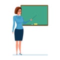 Girl teacher with school pointer in hand, next to board.