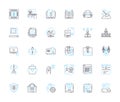Teaching elements linear icons set. Curriculum, Pedagogy, Classroom, Instruction, Methodology, Assessment, Learning line