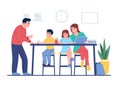Teaching at home. Parents help children with lessons. Family sitting at table and doing homework. Mom or dad with son Royalty Free Stock Photo