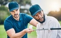 Teaching, lesson and men playing golf, learning good form and sports hobby. Help, instructor and a black man with a Royalty Free Stock Photo