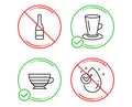 Teacup, Champagne bottle and Cappuccino icons set. Water drop sign. Vector