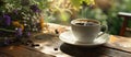 A teacup filled with coffee rests on a saucer atop a wooden table Royalty Free Stock Photo