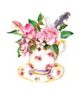 Teacup - leaves, rose flowers, vintage feathers. Watercolor