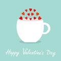 Teacup mug Tee coffee cup with red heart set. Happy Valentines Day. Love greeting card. Flat design. Cute food decoration. Blue ba Royalty Free Stock Photo