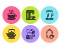 Teacup, Teapot and Cappuccino icons set. Coffee machine, Mint bag and Refill water signs. Vector